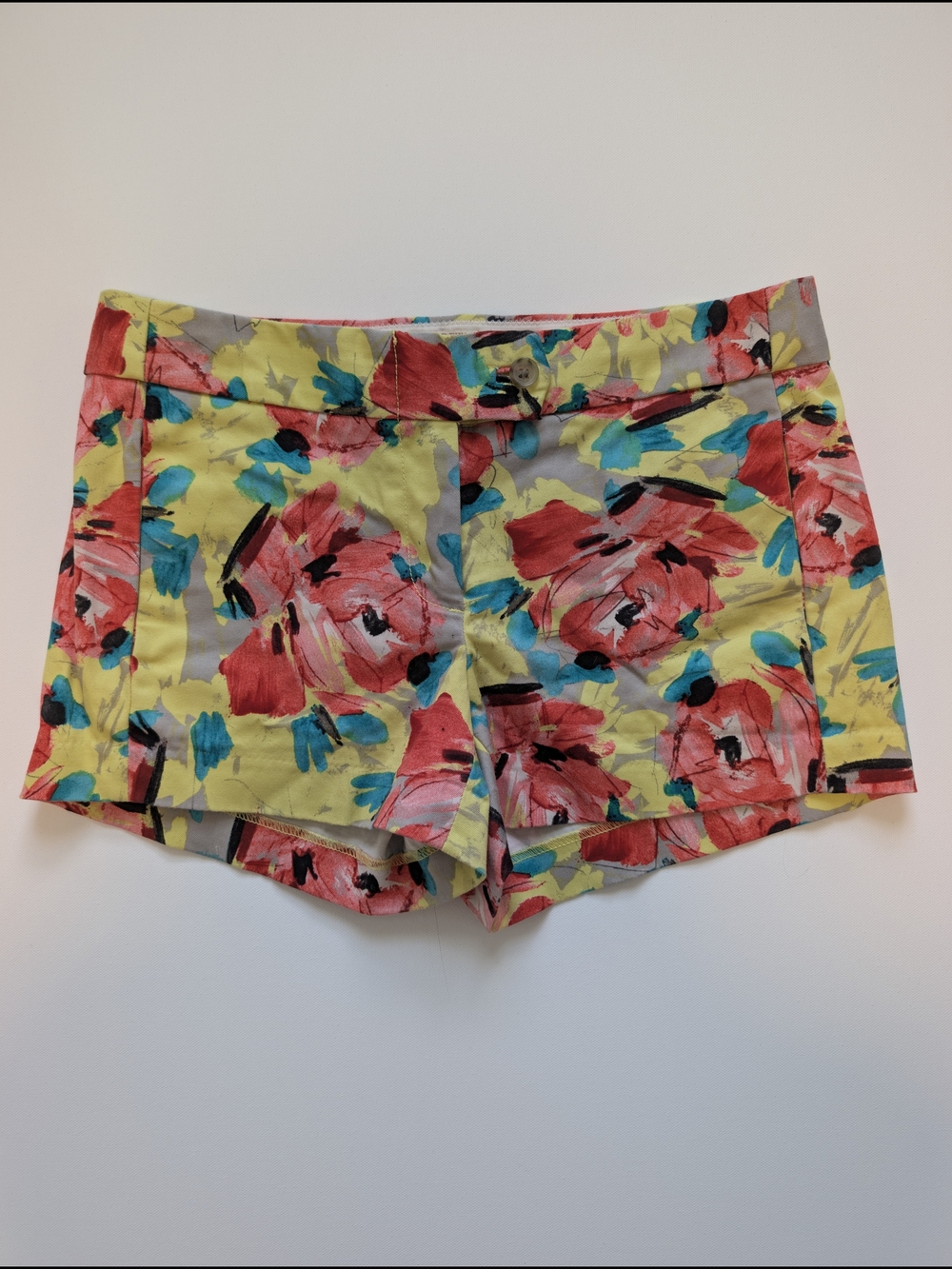 J. Crew Yellow Floral High Waist Shorts with Red and Teal Accents